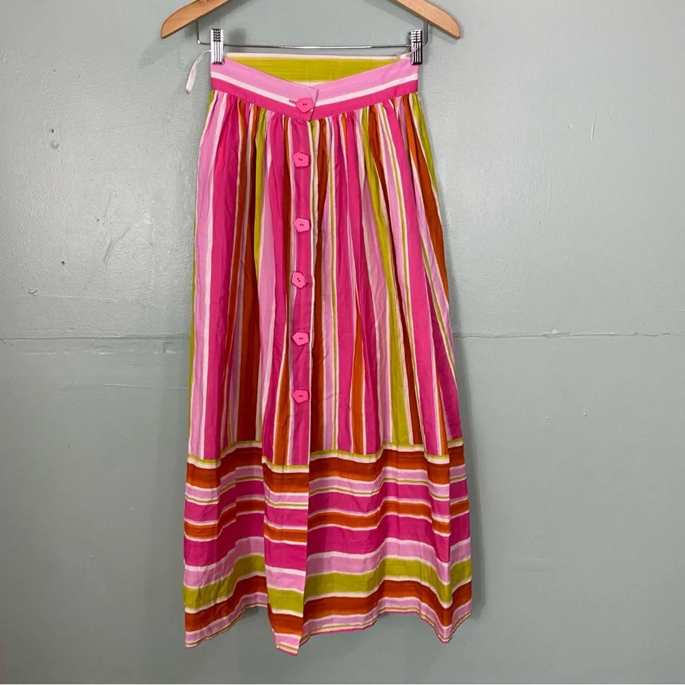 PatBo Striped Pink Multi Skirt Midi Button Front Size 0